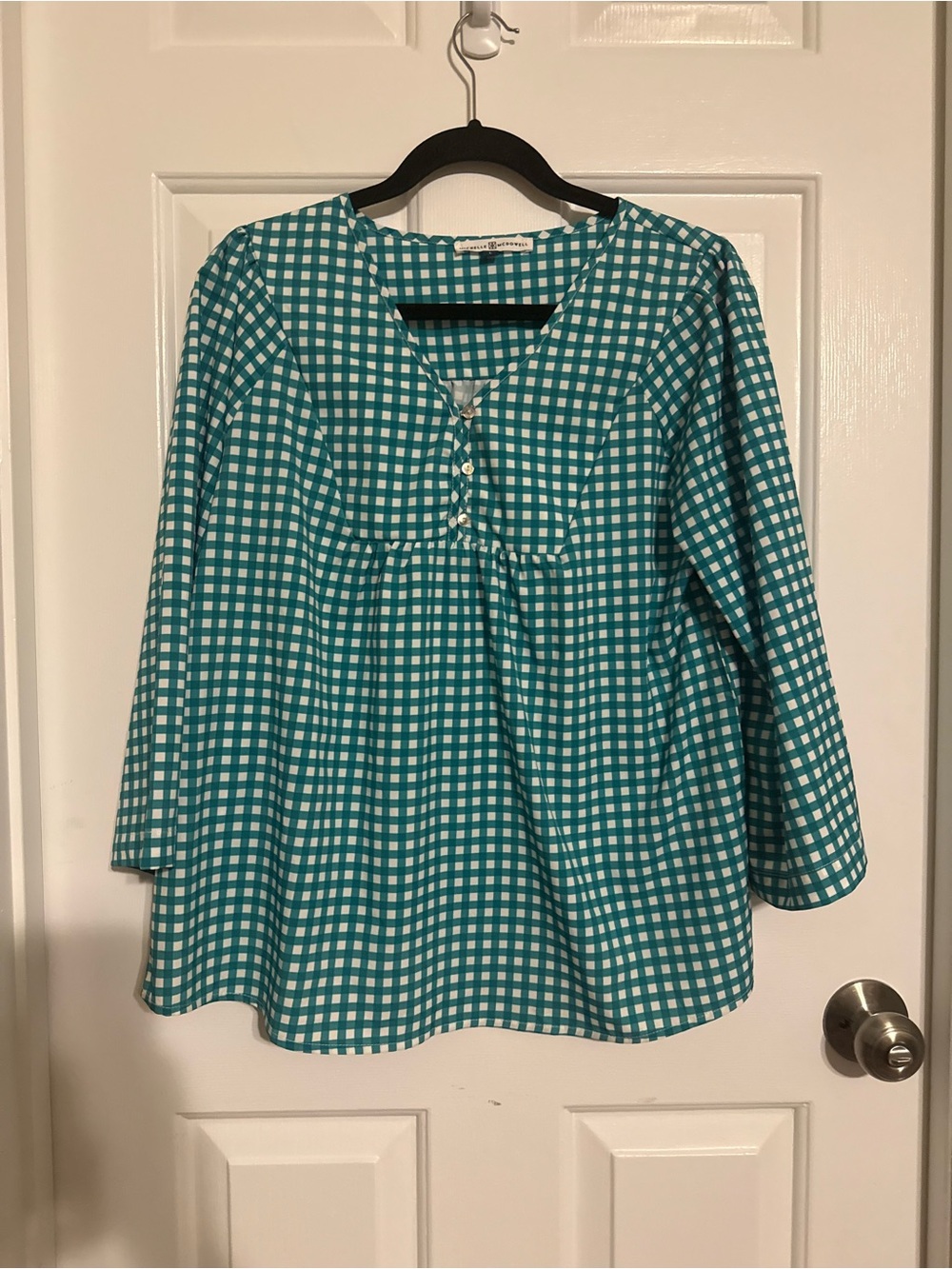 Michelle McDowell Gingham Peasant Top Large Emerald Green White Check 3/4 Sleeve